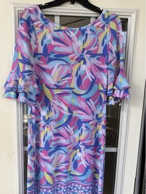 Pappagallo Colorful ruffle belle sleeve Cactus rose Jersey Dress, sz Med